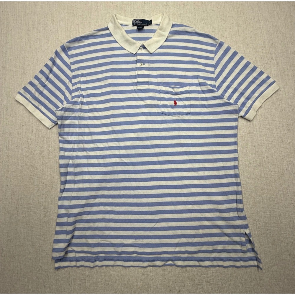 Polo Ralph Lauren Mens XXL Blue White Striped Pocket Polo Shirt Cotton Pique
